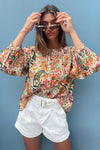 Multicolor Boho Floral Print Puff Sleeve Shirt