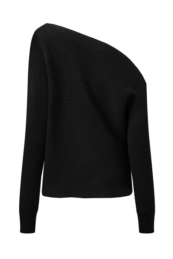 Black Casual Asymmetric Neck Long Sleeve Knit Sweater | Available in Plus Sizes