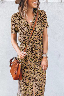  Khaki Leopard Print Waist Belted Button Up Shirt Dress