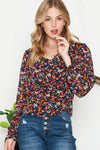 Black V Neck Bubble Sleeve Floral Blouse