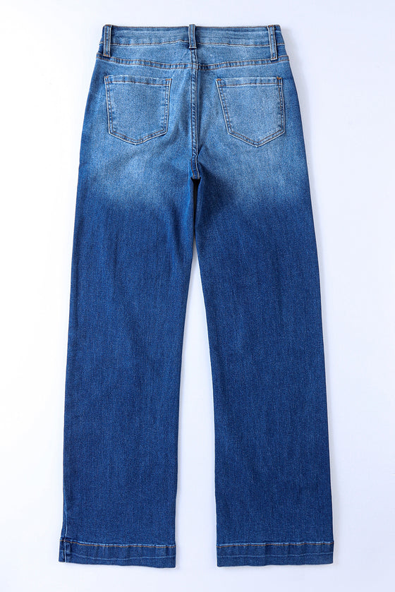 Dark Blue Casual Pocket High Rise Wide Leg Jeans