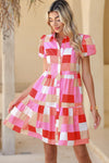 Pink Colorblock Plaid Puff Sleeve Tiered Mini Dress