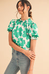 Green 60s Floral Print Puff Sleeve Frill Neckline Blouse