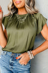 Jungle Green Pleated Flutter Sleeve Satin Blouse