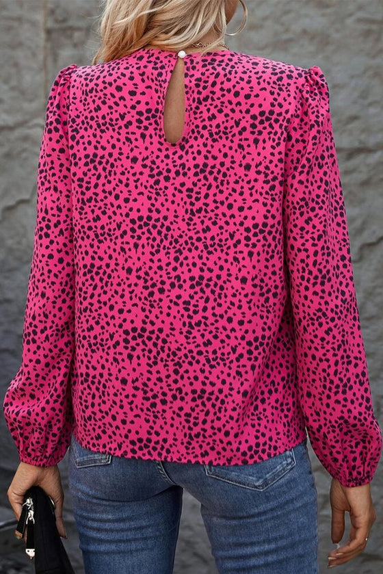 Pink and Black Leopard Long Sleeve Pleated Blouse