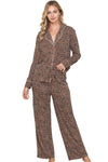 Leopard Print Lapel Neck Shirt and Drawstring Pants Loungewear Set