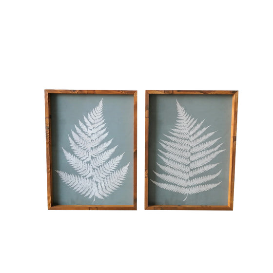 NEW Set of Two Gray and White Fern Leaves Framed Canvas Wall Art