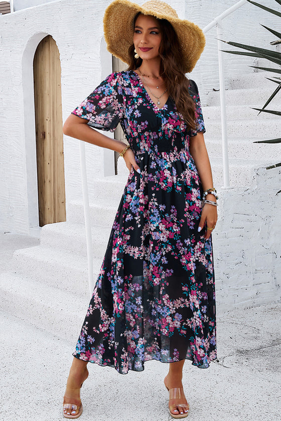 Black Floral Print Shirred Waist V Neck Maxi Dress