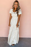 White Frill Neckline Shirred Bodice Floral Maxi Dress