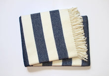  Cream And Navy-Blue Slanted Stripe Fringed Throw Blanket