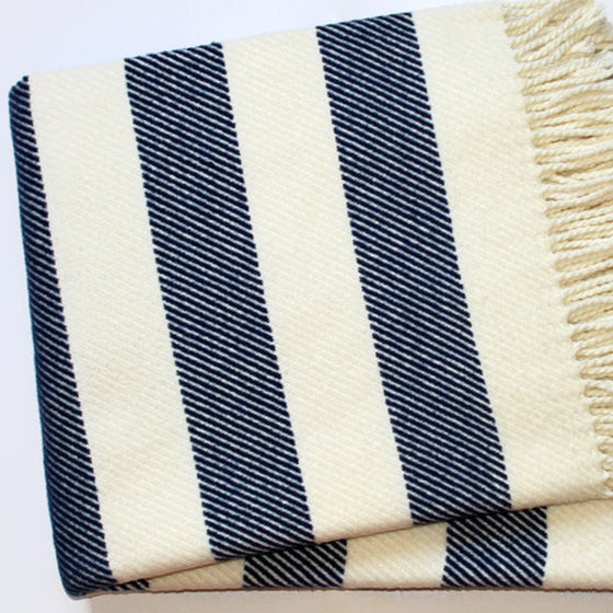 Cream And Navy-Blue Slanted Stripe Fringed Throw Blanket