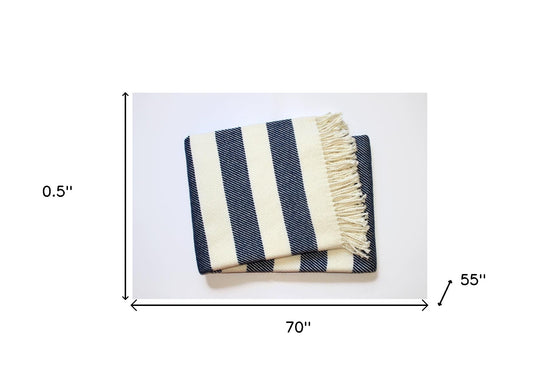 Cream And Navy-Blue Slanted Stripe Fringed Throw Blanket