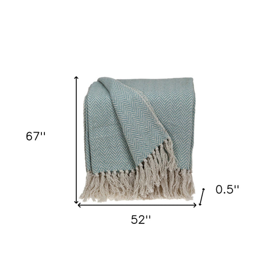 Handloomed Pale Aqua Cotton Throw Blanket with Tassels