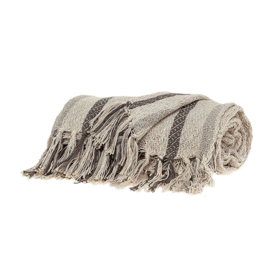 Beige And Taupe Woven Handloom Throw Blanket with Tassels