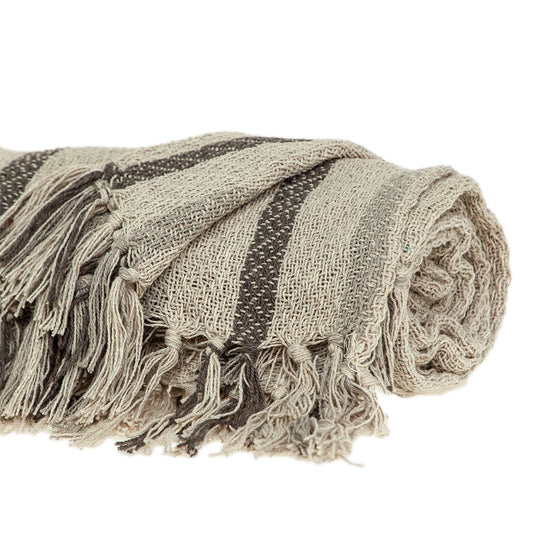 Beige And Taupe Woven Handloom Throw Blanket with Tassels