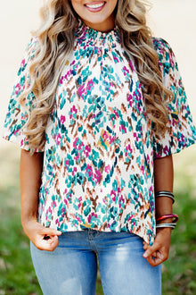  Light Blue Abstract Print Puff Sleeve Mock Neck Blouse