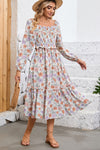 Multicolor Floral Print Smocked Pocketed Flared Midi Dress