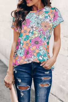  Multicolor Floral Print Asymmetric Hem T Shirt