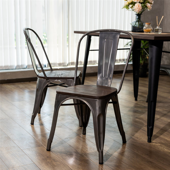 Set Of Two Silver and Brown Wood and Slat Back Dining Chairs | Also Available in Set of 4