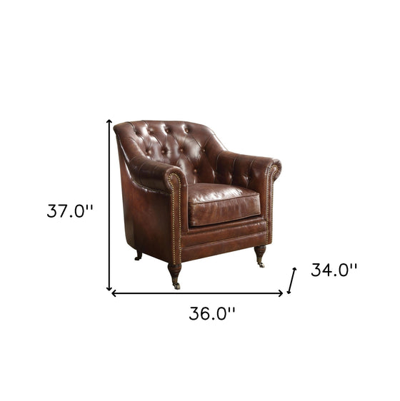 34" Top Grain Leather and Brown Tufted Chesterfield Chair