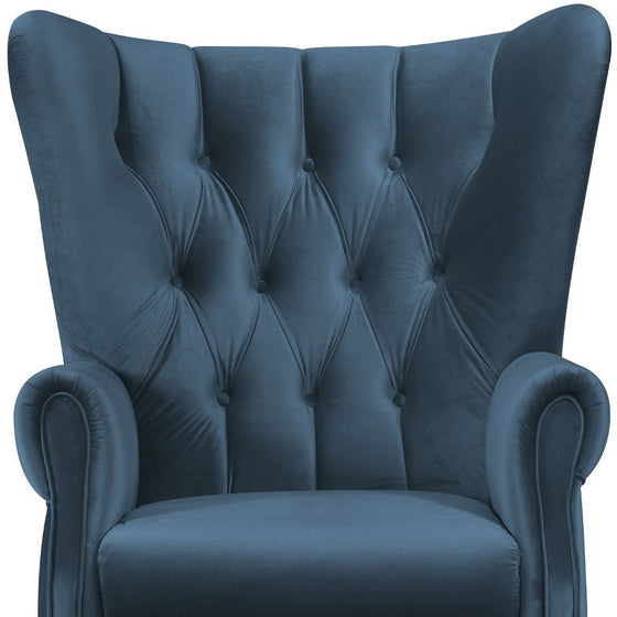 34" Azure Blue Velvet and Brown Solid Color Wingback Chair