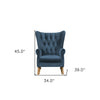 34" Azure Blue Velvet and Brown Solid Color Wingback Chair