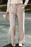 Khaki Casual Straight Striped Elastic Waist Loose Pants