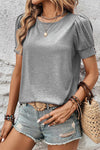 Light Grey Knit Pleated Puff Sleeve T-Shirt