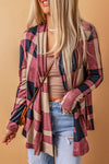 Red Plaid Casual Draped Open Front Cardigan