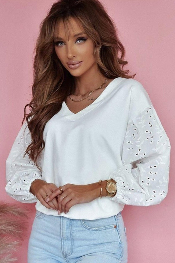 White V-neck Eyelet Embroidered Puff Sleeve Blouse