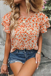 Orange Floral Tiered Sleeve Blouse