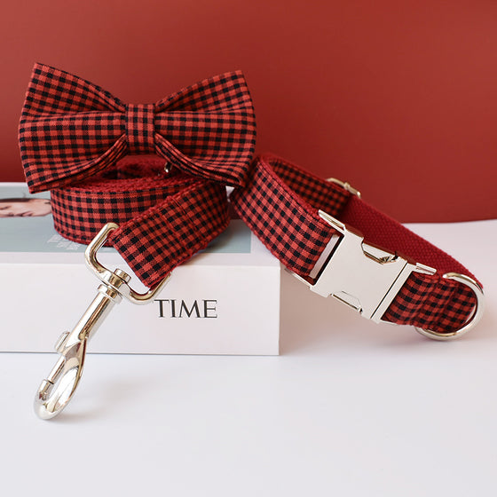 Red and Black Plaid Bowtie, Dog Collar, and Leash Set | Available in 4 Sizes