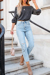 Gray Ribbed Off-Shoulder Balloon Sleeve Top