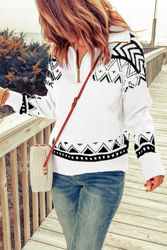 White and Black Geometric Collared Quarter Zip Sweater