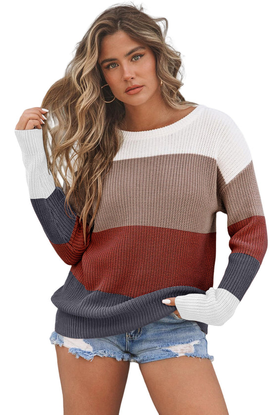 Red Color Block Casual Knit Pullover Sweater