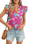 Multicolor Floral Print V Neck Ruffle Shoulder Blouse