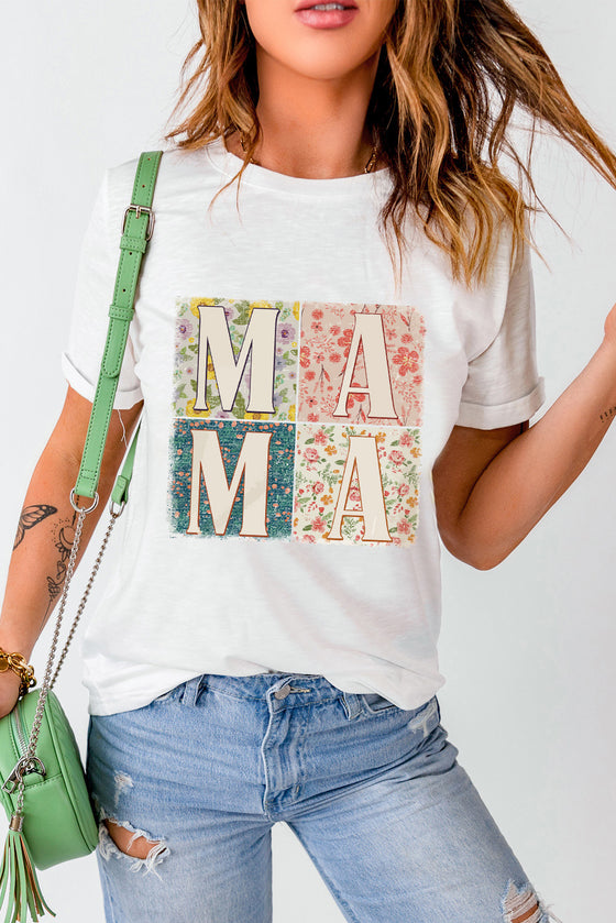 White MAMA Floral Graphic T Shirt