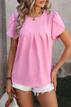 Pink Solid Color Pleated Round Neck Petal Sleeve Blouse