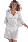 White Lace Patch Kimono Sleeve Tassel Drawstring Beach Cover Up