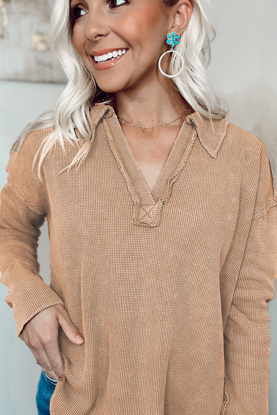 Gray V Neck Collared Retro Waffle Long Sleeve Top | Other Colors Available