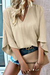 Beige Crinkled V Neck Bell Sleeve Blouse  (Pre-Order Only)