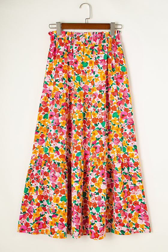 Yellow Boho Floral Print Tiered Maxi Skirt