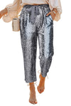 Silver High Waisted Drawstring Cropped Sequin Pants