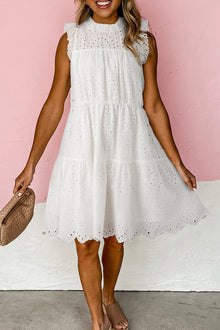  White Hollowed Flutter Sleeveless A-line Tiered Short Dress