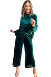 Blackish Green Velvet Long Sleeve Top & Wide Leg Pants Set