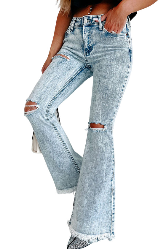 Light Blue Casual Distressed Washed Flare Jeans