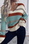 Peach Blossom Striped Pattern Knit V Neck Sweater | Other Colors Available