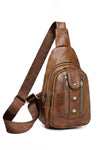 Brown PU Leather Zipped Multi-pockets Crossbody Sling Bag