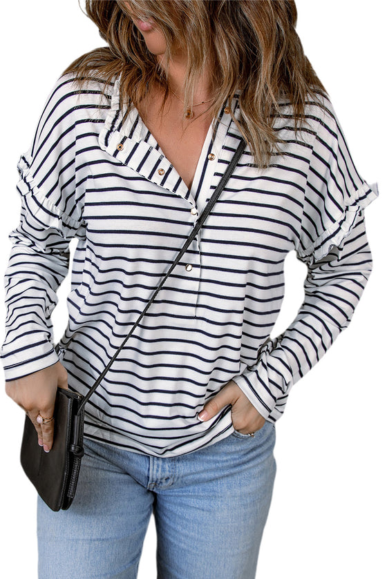 Black and White Striped Snap Button Ruffle Trim Long Sleeve Top