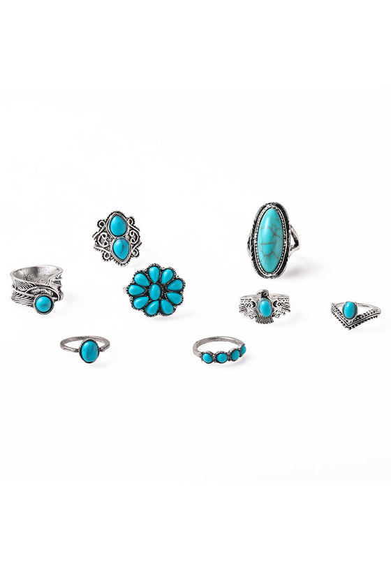 Green 8Pcs Vintage Style Turquoise Ring Set